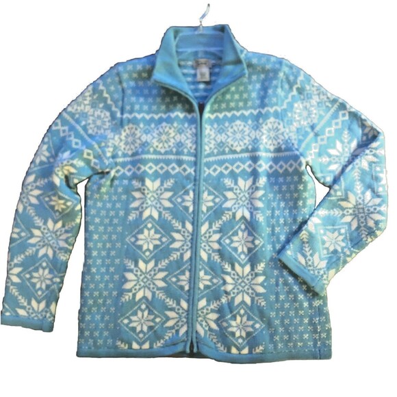 LL Bean Nordic Cardigan Sweater Womens Sz M Blue Fair Isle Heavy Cotton Zip Up - Picture 9 of 14